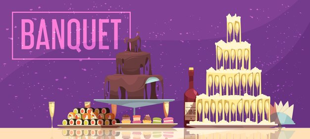 Banquet horizontal banner festive table with wine bottle and glasses sweets and snacks purple background 