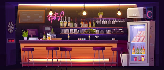 Free vector bar counter interior cartoon vector illustration of empty restaurant or night club element with cocktails and beer in glasses on wooden table bottles with alcohol drinks on shelves and high stools