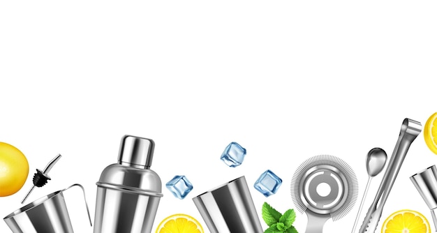 Free Vector bar equipment realistic composition with stainless steel accessories for making cocktails ice cubes mint lemon slices on white background vector illustration