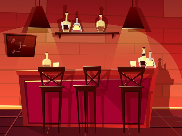 Bar or pub counter illustration. Cartoon flat front interior of beer bar with chairs