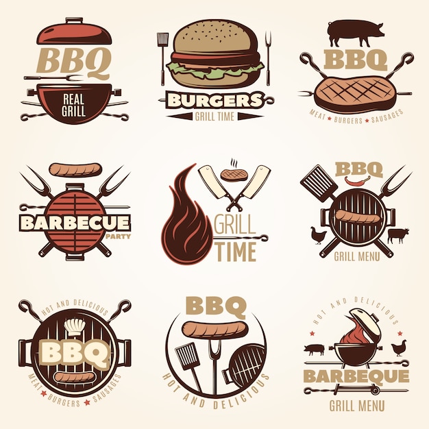 Free vector barbecue colorful emblems set