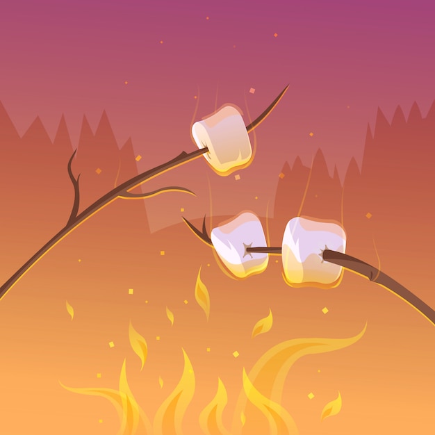 Free Vector barbecue and hiking at night cartoon background with sticks and fire vector illustration 