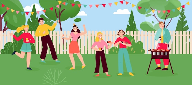 Free Vector barbecue party flat composition with group of friends having fun outdoors at rustic landscape background vector illustration