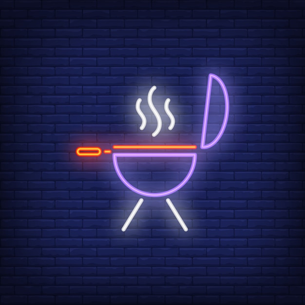 Free Vector barbeque grill on brick background. neon style illustration. 