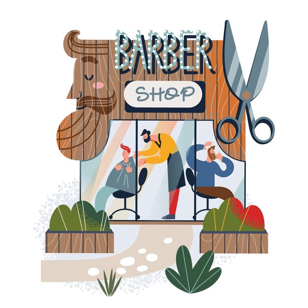 Barber shop building facade with customers small local barbershop with scissors on signboard and storefront window beauty salon with hairdresser cutting mans hair