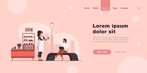 Barista carrying takeaway coffee to customer outdoors landing page in flat style