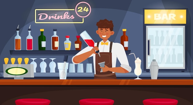 Barman bartender equipment flat composition with front view of bar stand with doodle character of bartender vector illustration