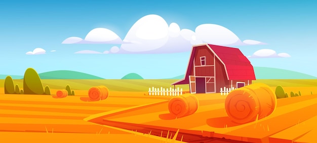 Free Vector barn on farm nature rural banner with hay stacks on field