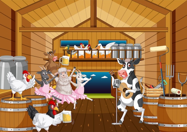 Free Vector barn indoor scene with farm animals