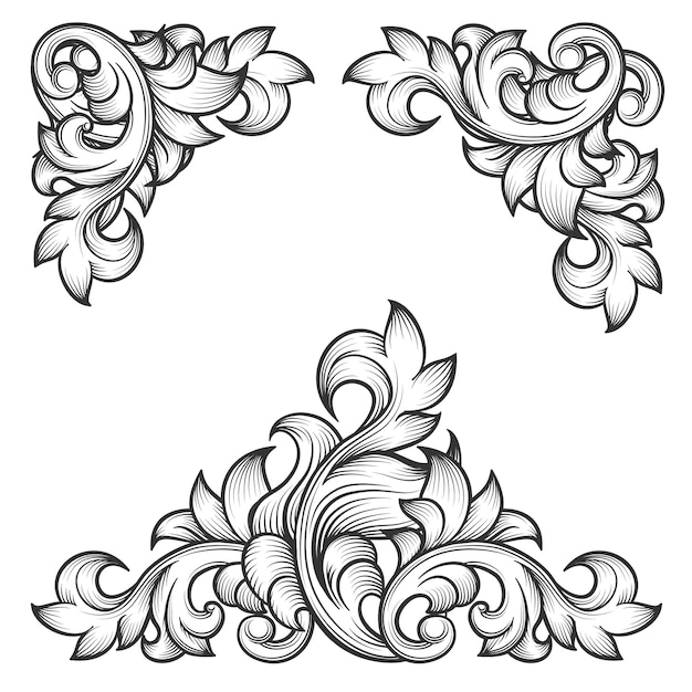 Free Vector baroque leaf frame swirl decorative design element set. floral engraving, fashion pattern motif, 