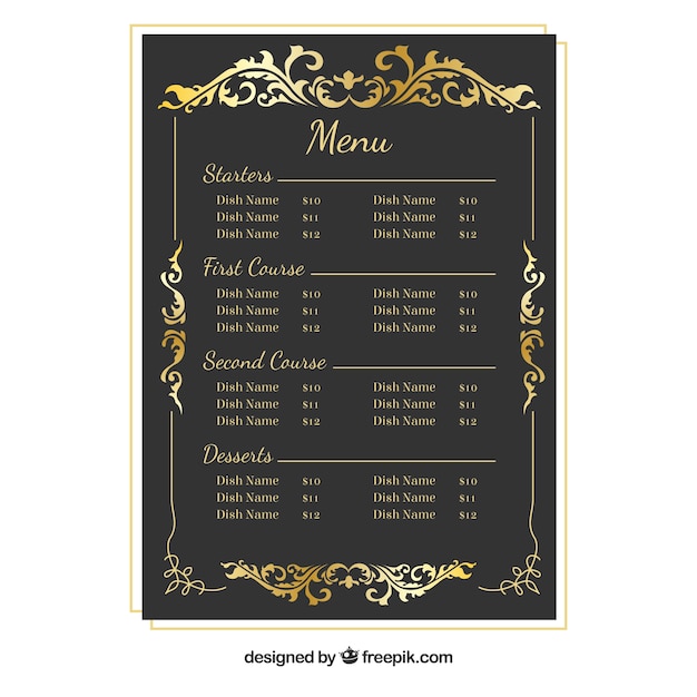 Baroque menu template with golden frame