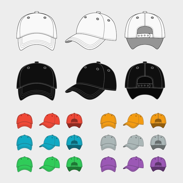 Free vector baseball cap vector template set. uniform fashion, blank hat, design sport clothing.