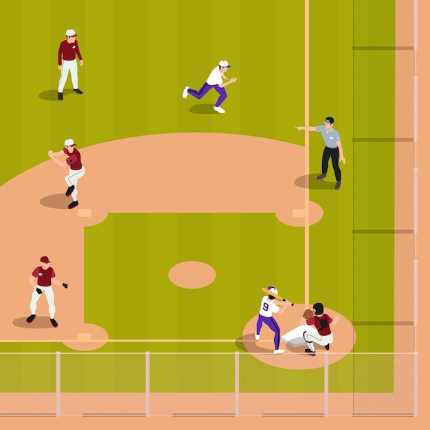 Free Vector baseball isometric composition with top view of ball field with human characters of players and referee vector illustration