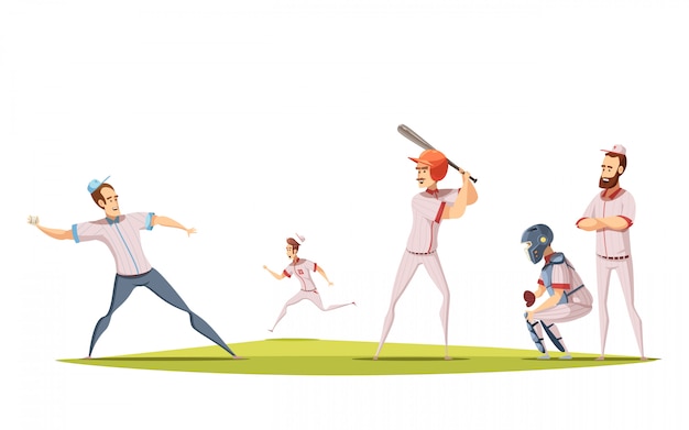 Baseball players design concept with cartoon sportsman figurines engaged in game on sports field