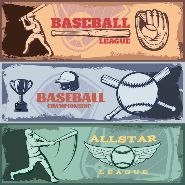 Free Vector baseball tournaments horizontal banners set with batters sports outfit trophy