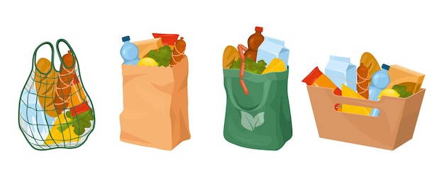 Basket bag box food set of isolated icons with carry on bags filled with grocery products vector illustration