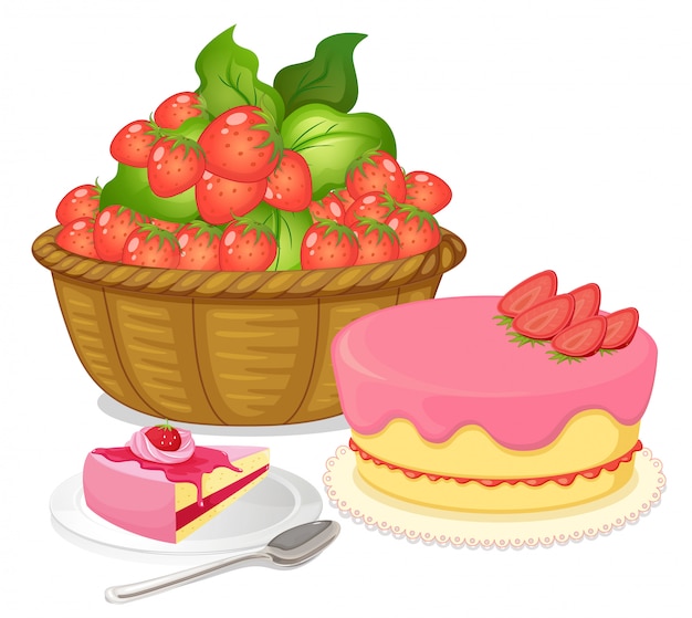 A basket of strawberries and a strawberry flavored cake