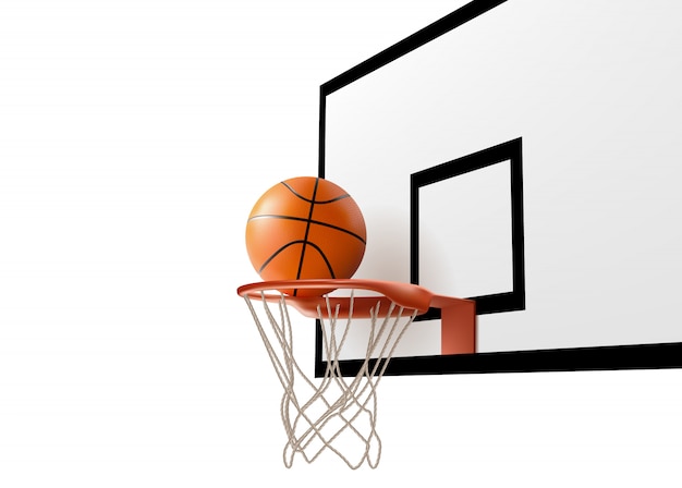 Basketball ball falling into ring net at backboard