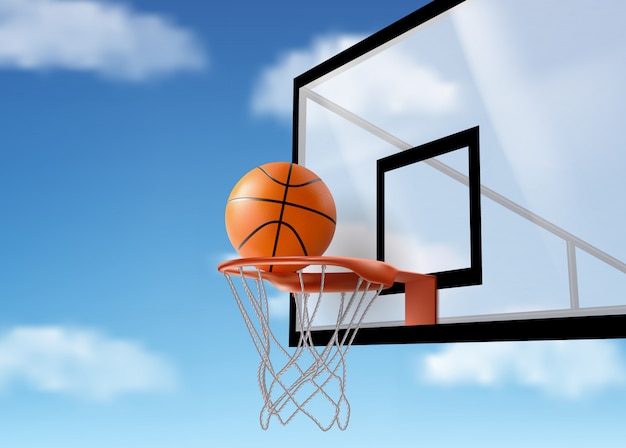 Free Vector basketball ball falling into ring net at backboard