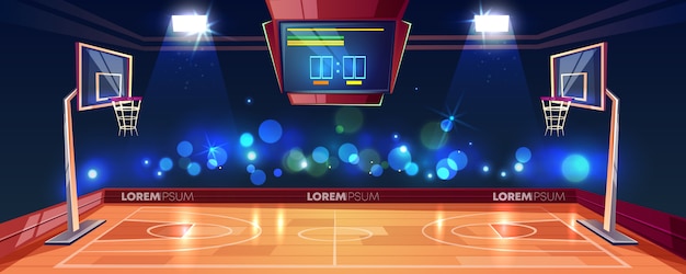 Free Vector basketball court illuminated with stadium lights, scoreboard and cameras flashlight 