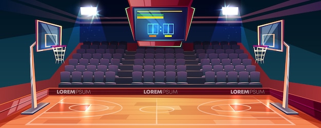 Free Vector basketball court with wooden floor, scoreboard on ceiling and empty fan sector seats cartoon