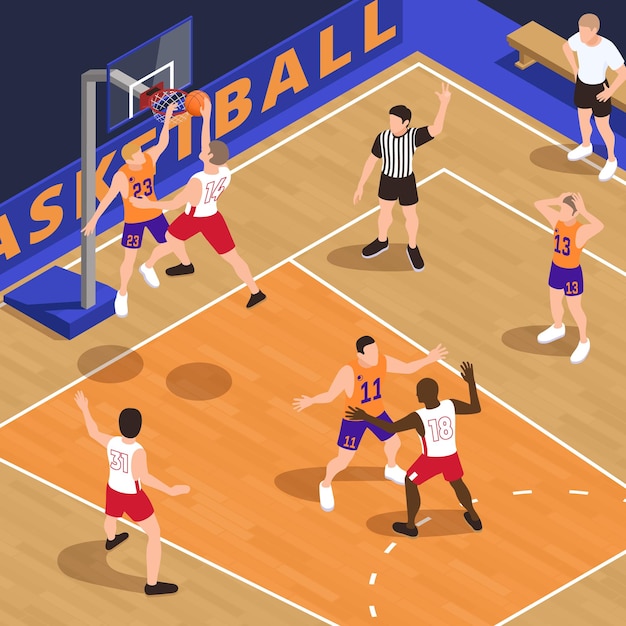 Free Vector basketball isometric composition with human characters of team players and referee on court with basket pole vector illustration