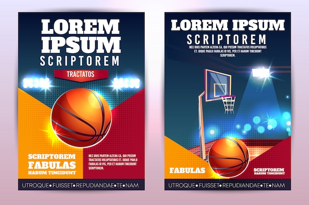 Basketball tournament promo vertical poster or brochure with basketball ball and hoop