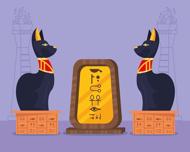 Free Vector bastet statues and hieroglyphs