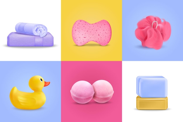 Bath wash design concept set with duckling and soap realistic isolated illustration