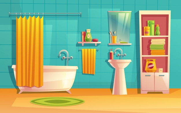 Free Vector bathroom interior, room with furniture, bathtub, shelves, mirror, faucet, curtain