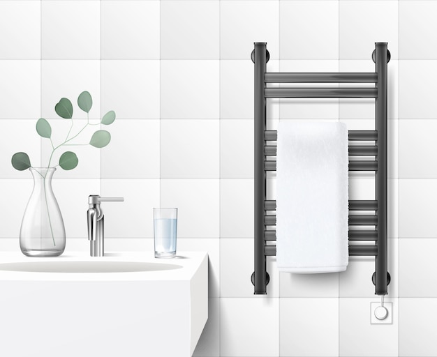 Free Vector bathroom realistic interior with modern electric black heated rail with white towel next to sink vector illustration