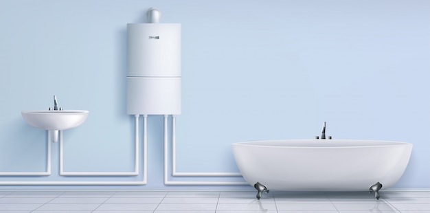 Bathroom, water heater, washbasin and tub