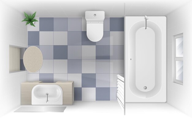 Bathroom with bath sink and toilet bowl top view