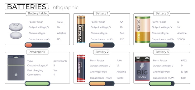 Free Vector batteries accumulator realistic infographic composition with set of battery images editable text specifications and charge levels vector illustration