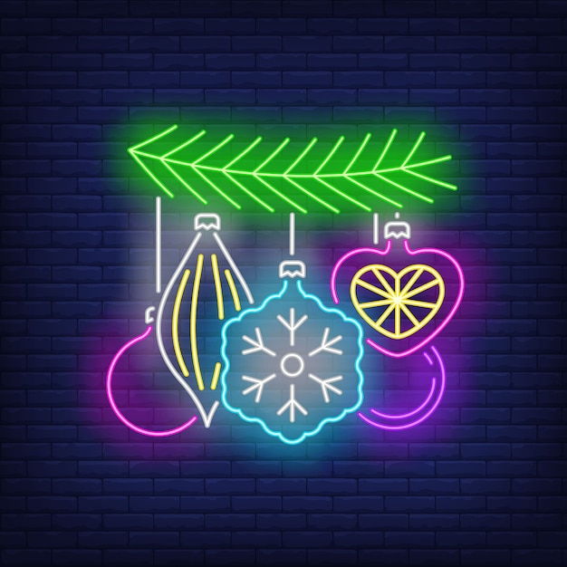 Free Vector baubles on fir tree twig neon sign