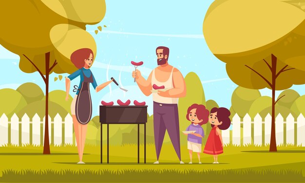 Bbq barbecue family composition with doodle characters of mom dad and their children in a backyard  illustration