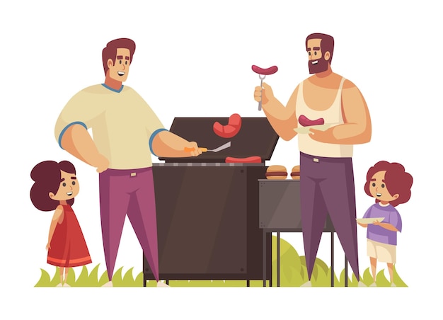 Free Vector bbq composition with outdoor scenery barbecue grill and two adult men with their children vector illustration