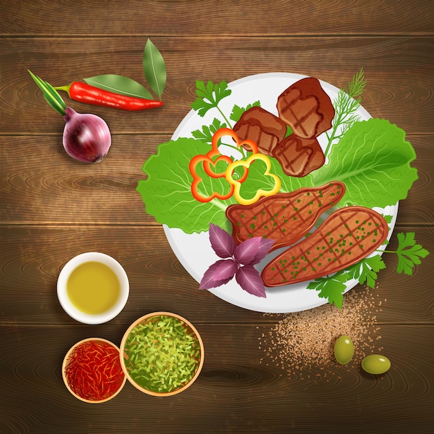 Free Vector bbq grilled steaks served with various herbs condiments and sauce on wooden table realistic illustration