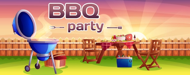 BBQ party cartoon banner or invitation Barbecue picnic in outdoor backyard with cooking grill meat food and drink on table Hot grilled steak on fire on green summer lawn in home yard on sunset