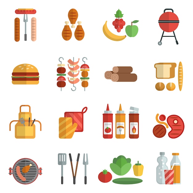 Bbq party flat icons set