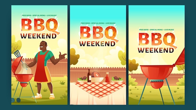 BBQ weekend banners with man cooks meat on grill Vector posters of barbecue party with cartoon illustration of picnic with barbeque and table with food on summer lawn in park or backyard