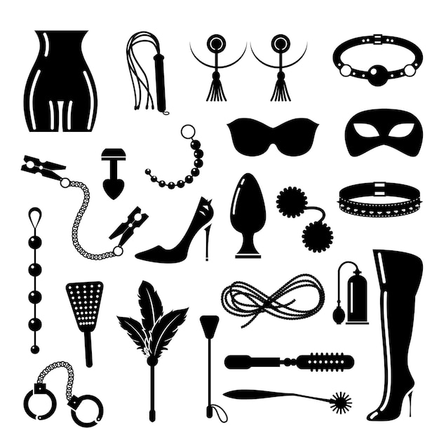 BDSM icons set. BDSM and discipline, domination elements.