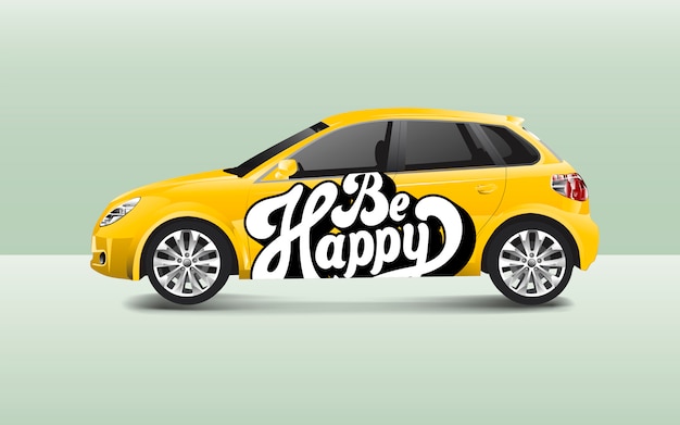 Free Vector be happy typography on a hatchback car vector