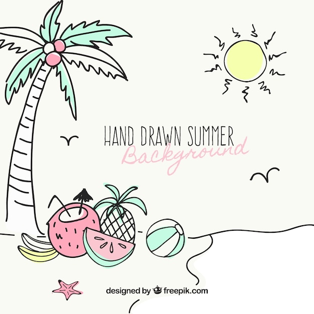 Free vector beach background with hand-drawn summer items