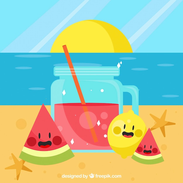 Free Vector beach background with juice and nice fruits