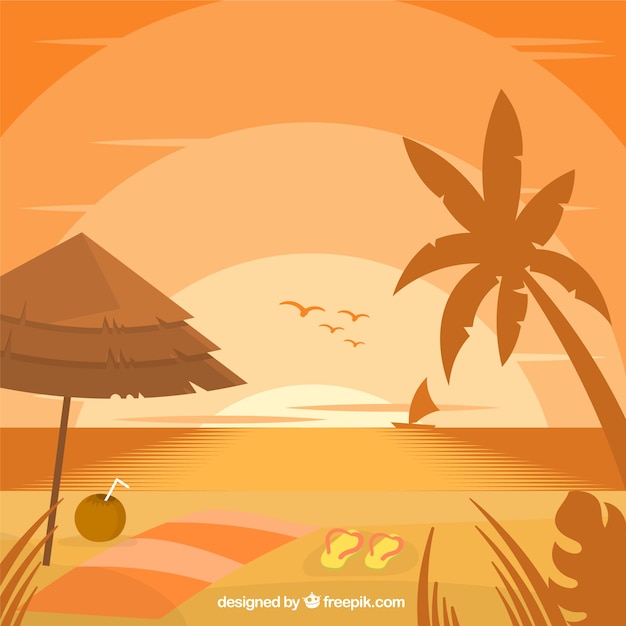 Beach background with palm tree and birds at sunset