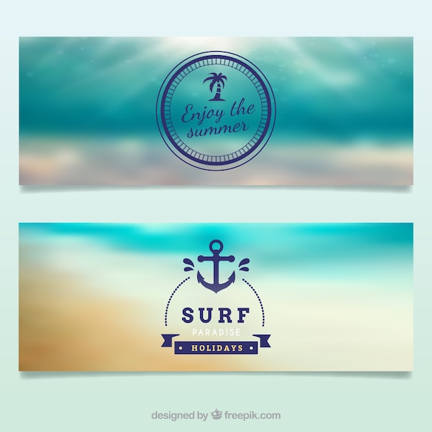 Free Vector beach banners of surf with blurred landscape