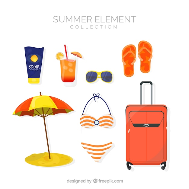 Beach elements collection with clothes in flat style