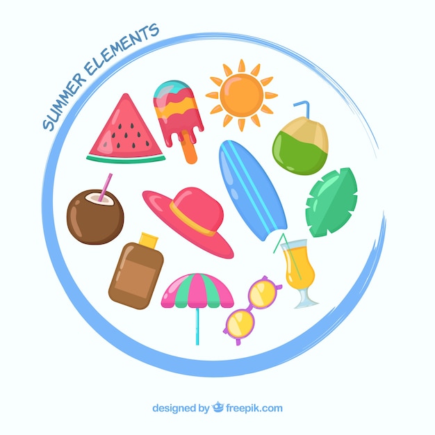 Beach elements collection with clothes and food 