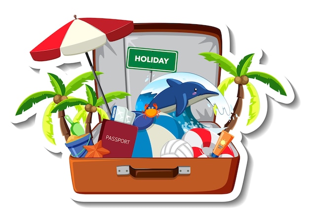 Free Vector beach holiday with summer beach items in the opened suitcase